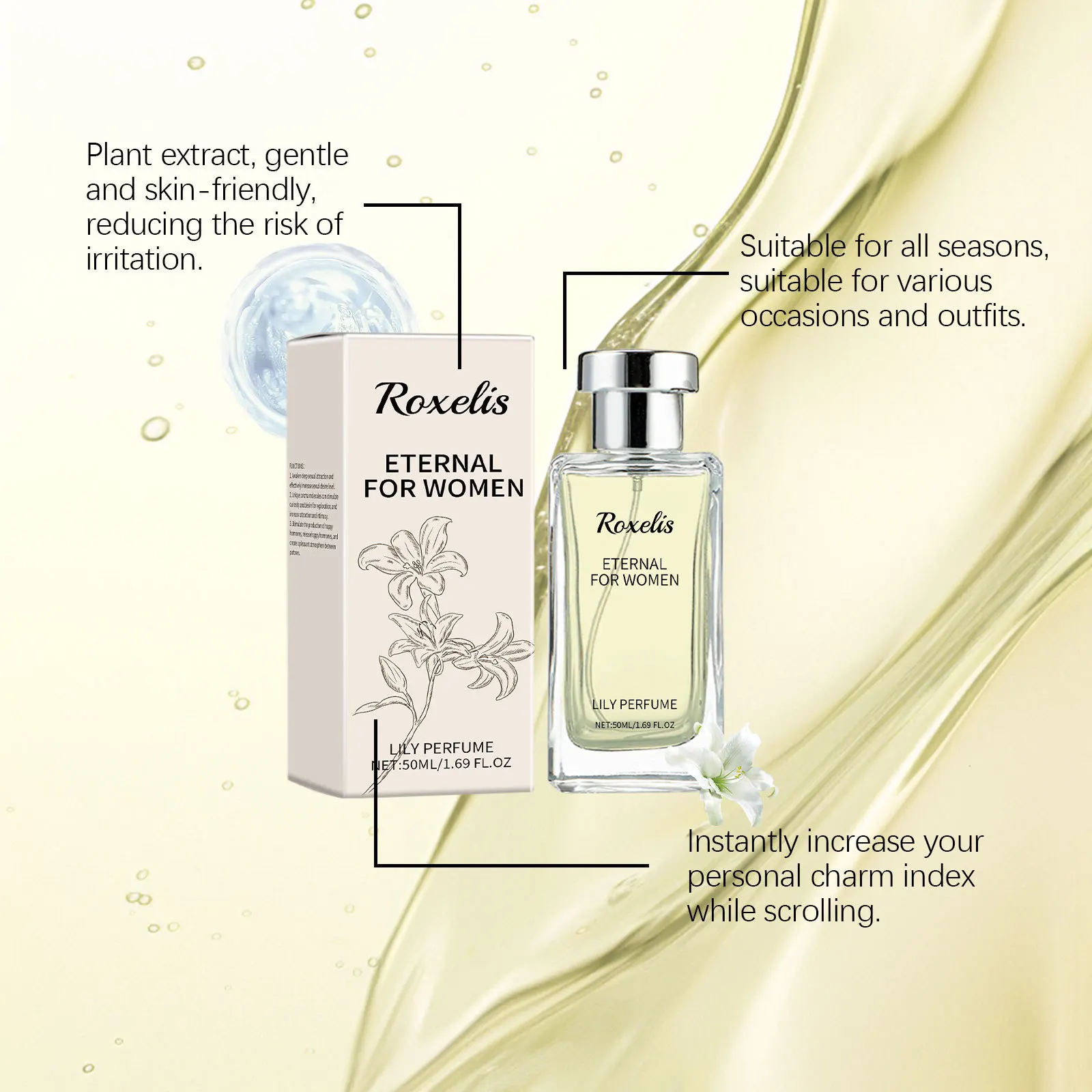 Roxelis Eternal Lily 50ml floral perfume spray bottle on a white background – view 2