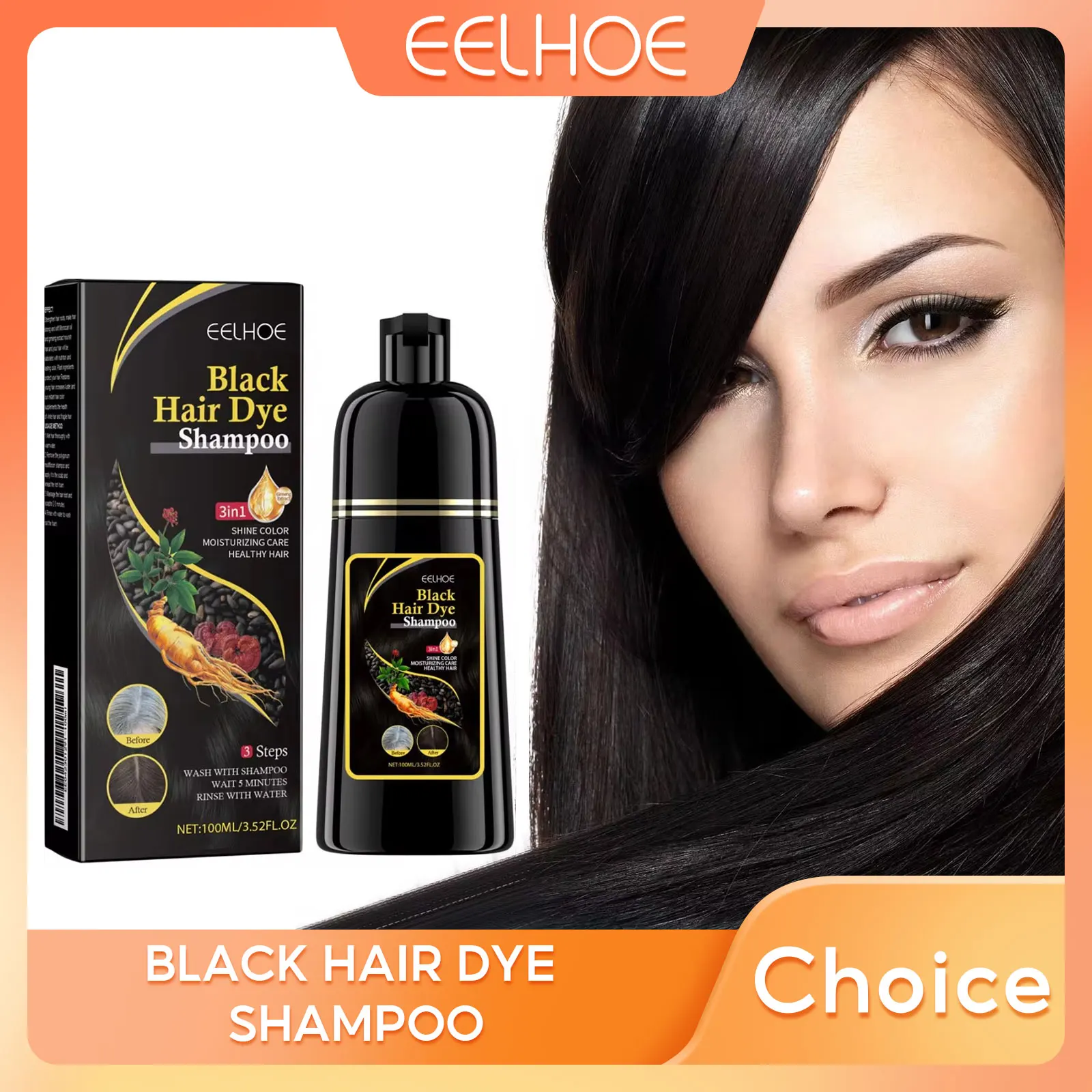 EELHOE 3‑in‑1 Black Hair Dye Shampoo — darkening and nourishing natural herbal formula