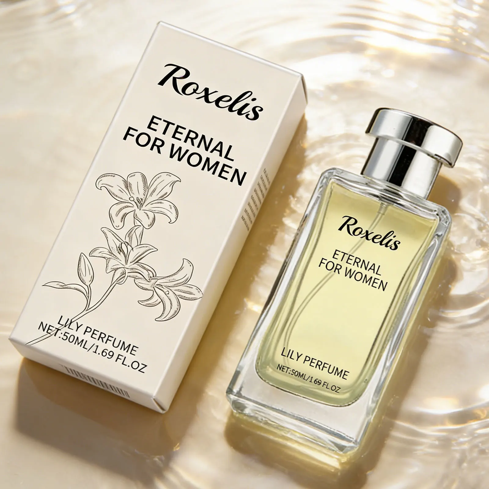 Roxelis Eternal Lily 50ml floral perfume spray bottle on a white background