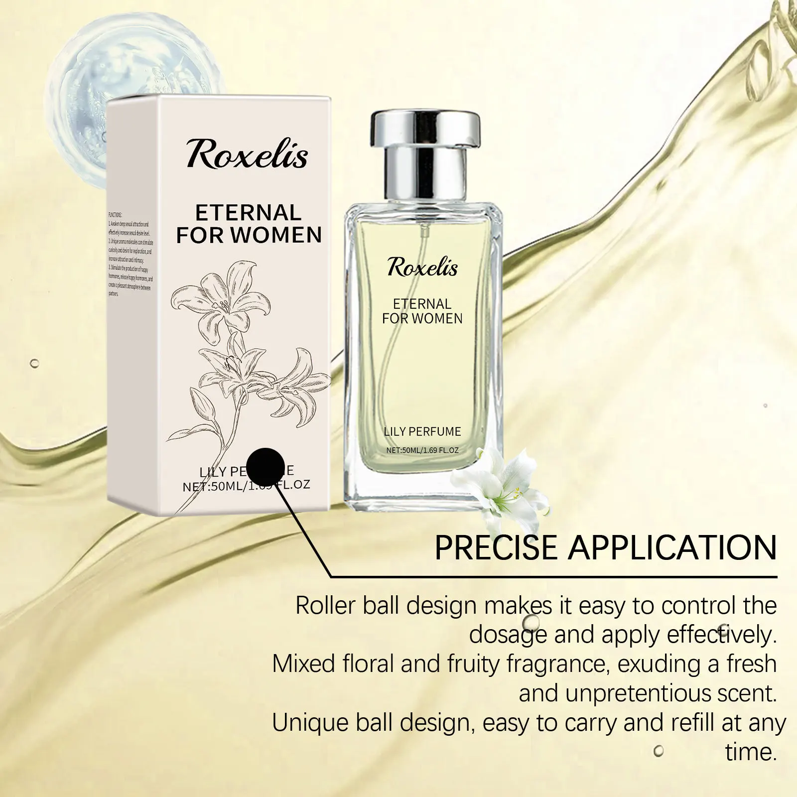 Roxelis Eternal Lily 50ml floral perfume spray bottle on a white background – view 3