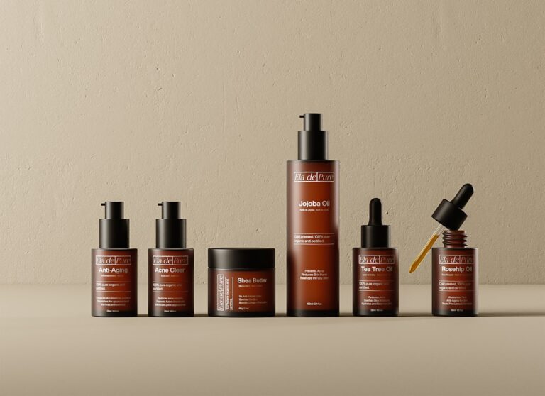 A serene bathroom setting with natural skincare products, towels, and plants, emphasizing simplicity and self-care.