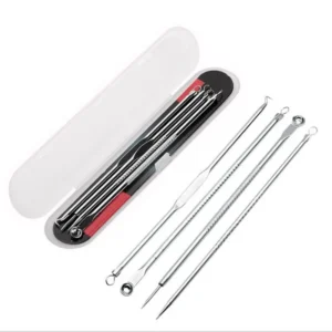Set of 4 stainless steel 16mm comedone remover needles on a white background, close-up