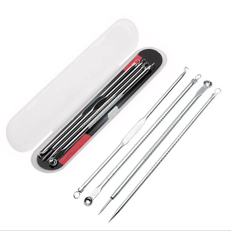 Set of 4 stainless steel 16mm comedone remover needles on a white background, close-up