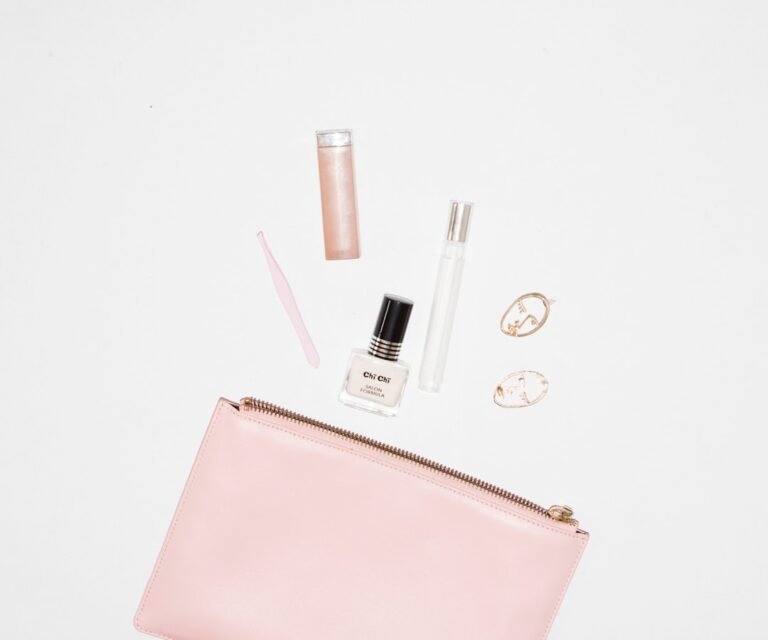 A compact travel beauty kit with skincare products, including creams, serums, and tools, arranged neatly in a stylish bag, set against a travel-themed background.