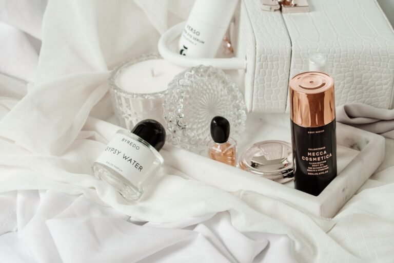A collection of affordable skincare products arranged on a bathroom counter, including cleansers, moisturizers, and serums, with a soft natural light illuminating the scene.