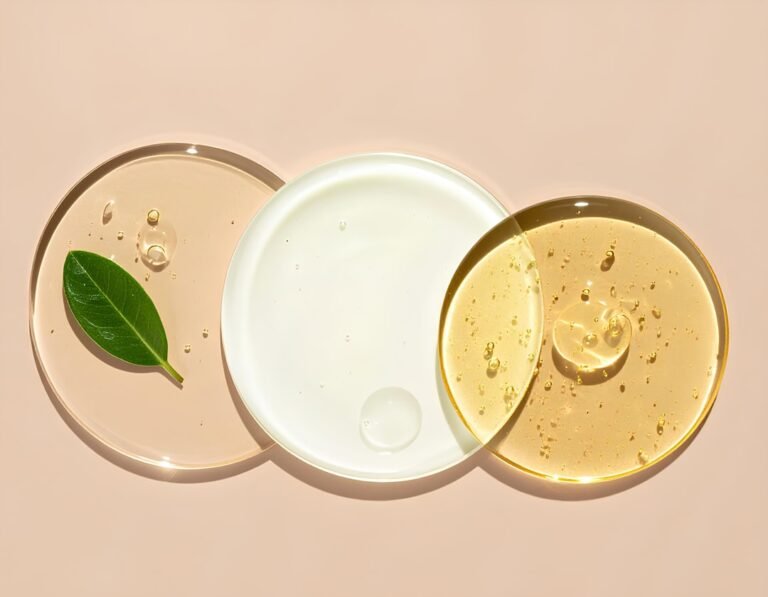 A flat lay of various skincare products arranged in layers, showcasing serums, moisturizers, and oils with a clean background.