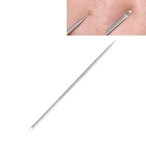 Close-up of stainless steel acne remover tool (available in 8cm and 12cm) on a white background