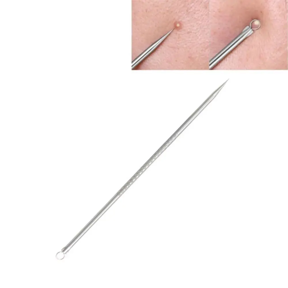 Close-up of stainless steel acne remover tool (available in 8cm and 12cm) on a white background