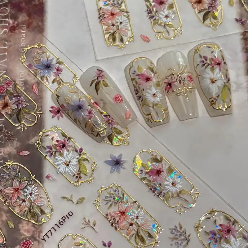Close-up of stereoscopic embossed flower nail stickers with shiny laser petal detail – view 2