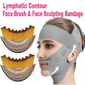2Piece Lymphatic Face Sculpting Bandage&Massage Brush,V Line Lifting Mask Double Chin Reducer,Jawline Shaper Face Slimming Strap