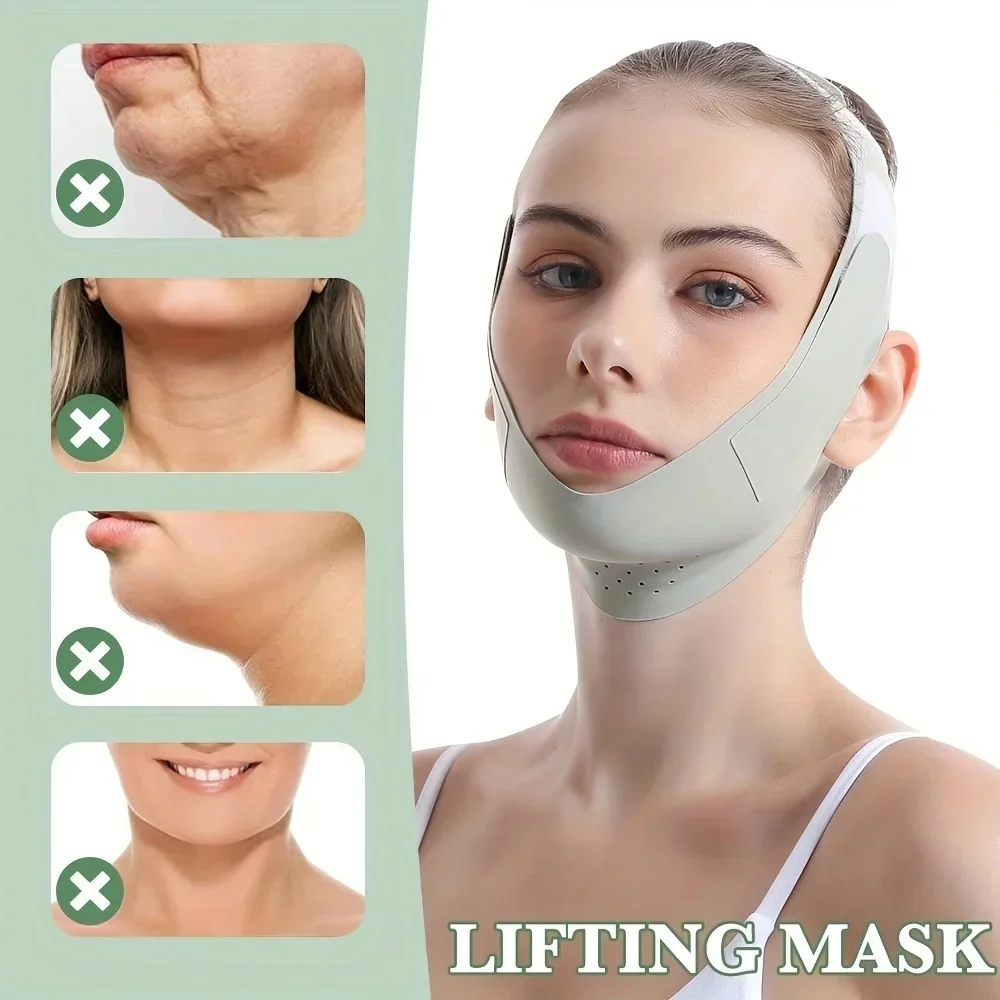 Adjustable V‑shape face slimming band wrapped under the chin and along the jawline; close-up of fastening straps; folded band for storage – view 4