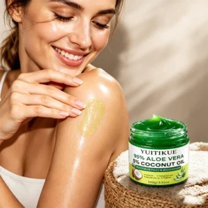 A jar of Aloe Vera and Coconut Oil body and foot cream with retinol and niacinamide, labeled for dry, rough skin.