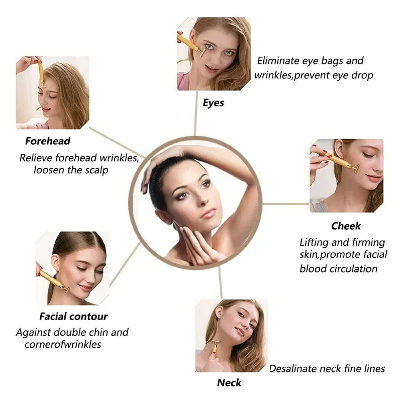 24k gold T‑shaped vibrating facial massager on white background — {view} – view 2