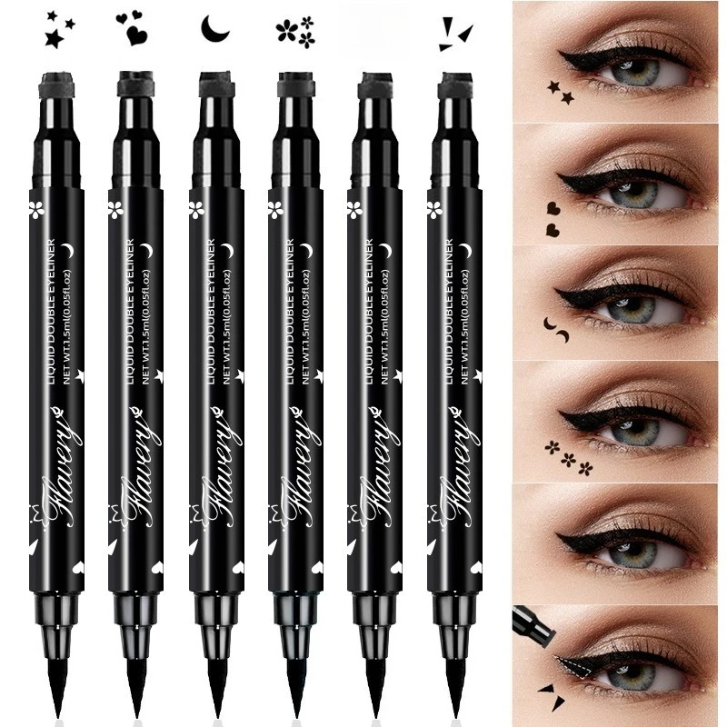 Double-ended waterproof eyeliner with star, love and moon stamps on white background