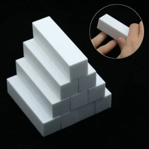 White 4‑in‑1 foam nail buffer block shown from multiple angles