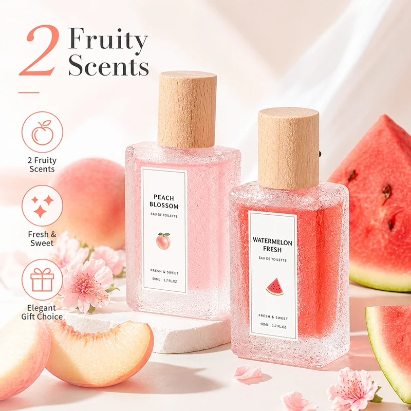 Two-piece perfume set showing Peach Blossom and Watermelon eau de toilette sprays on a neutral background – view 4