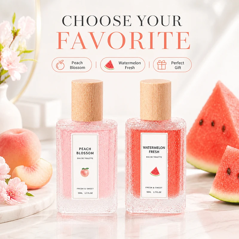 Two-piece perfume set showing Peach Blossom and Watermelon eau de toilette sprays on a neutral background – view 2