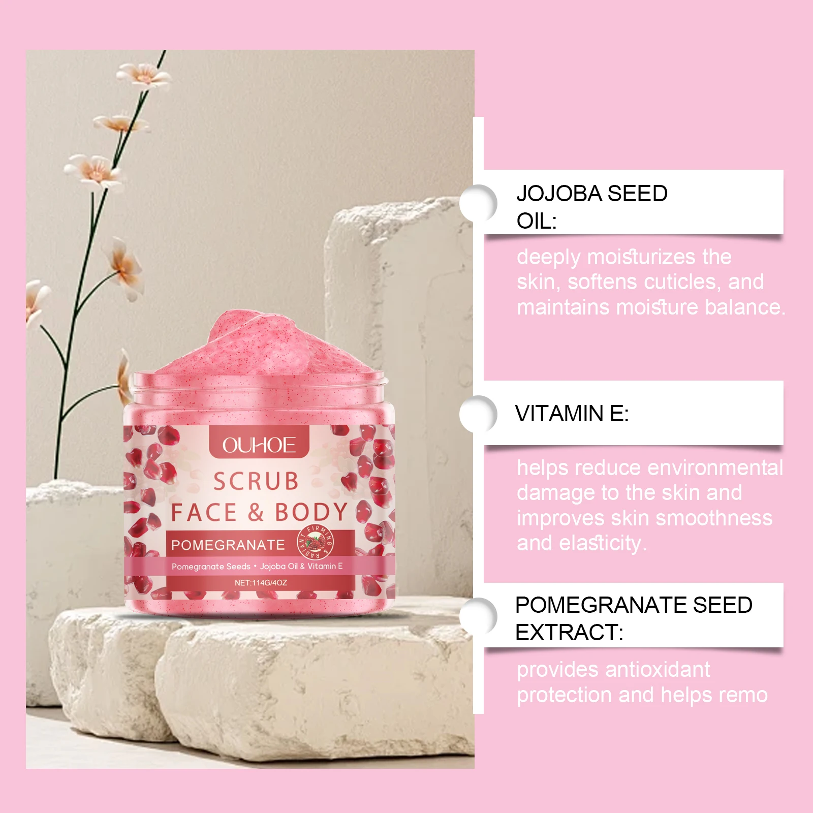Exfoliating scrub product on a neutral background, labeled as a deep-cleansing, refreshing scrub suitable for many skin types. – view 3