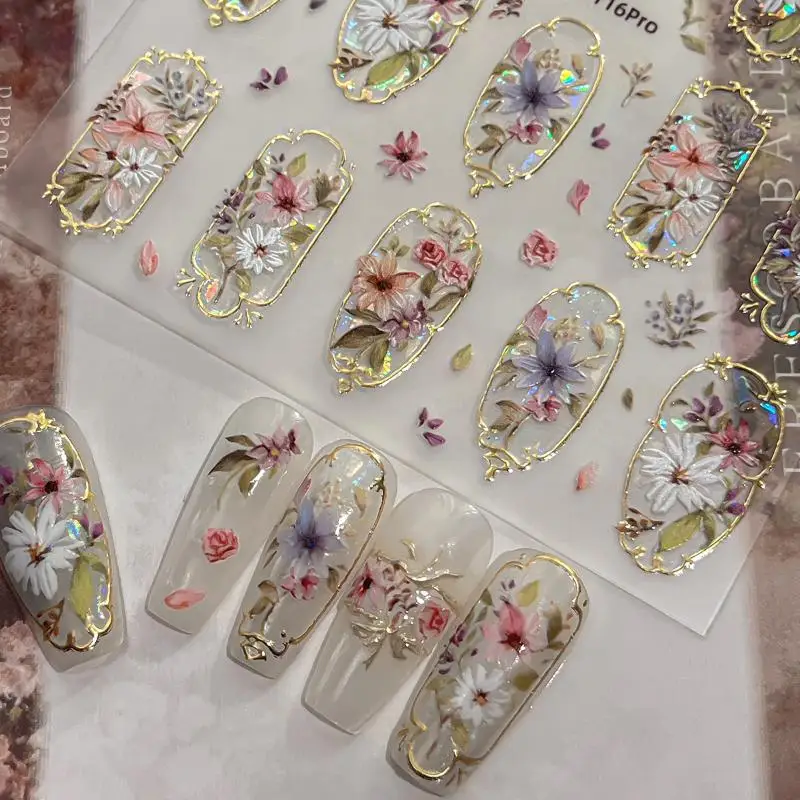 Close-up of stereoscopic embossed flower nail stickers with shiny laser petal detail – view 4