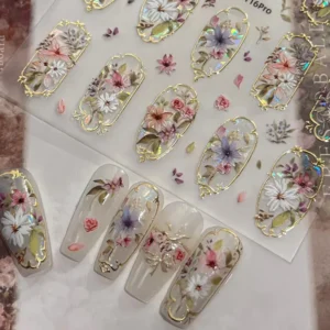 Close-up of stereoscopic embossed flower nail stickers with shiny laser petal detail