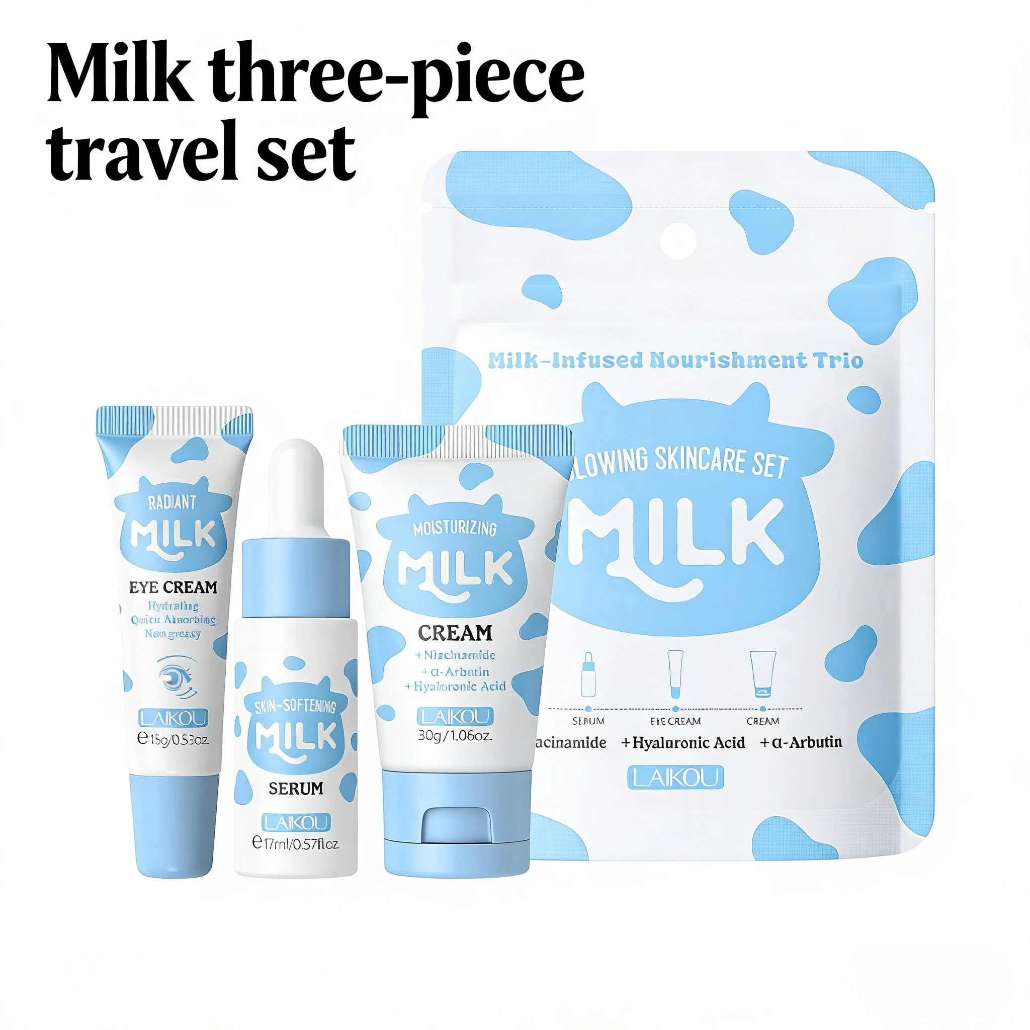 Milk skincare travel set — niacinamide serum, eye cream and face cream – view 3