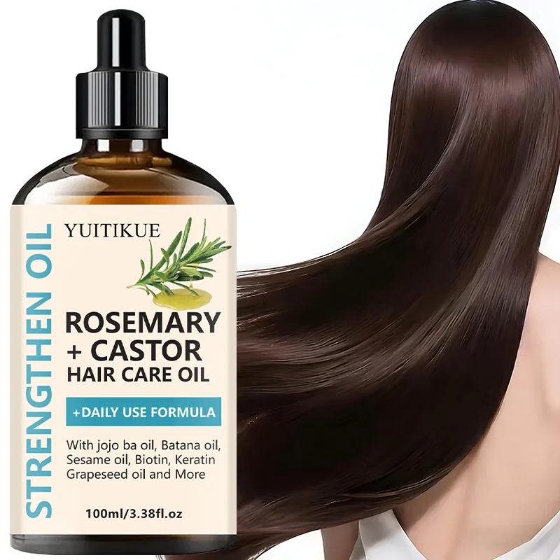 Bottle of rosemary and castor strengthening hair oil on a neutral background – view 2
