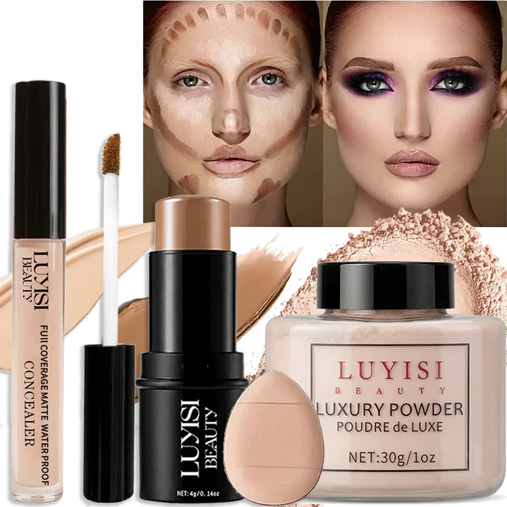4-piece matte waterproof face makeup set with concealer, powder, contour and puff – view 2