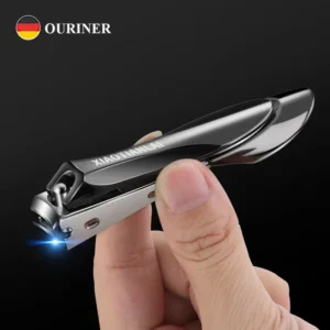 Ouriner stainless steel curved nail clippers with swing-out cleaner/file — close-up on curved cutting edge