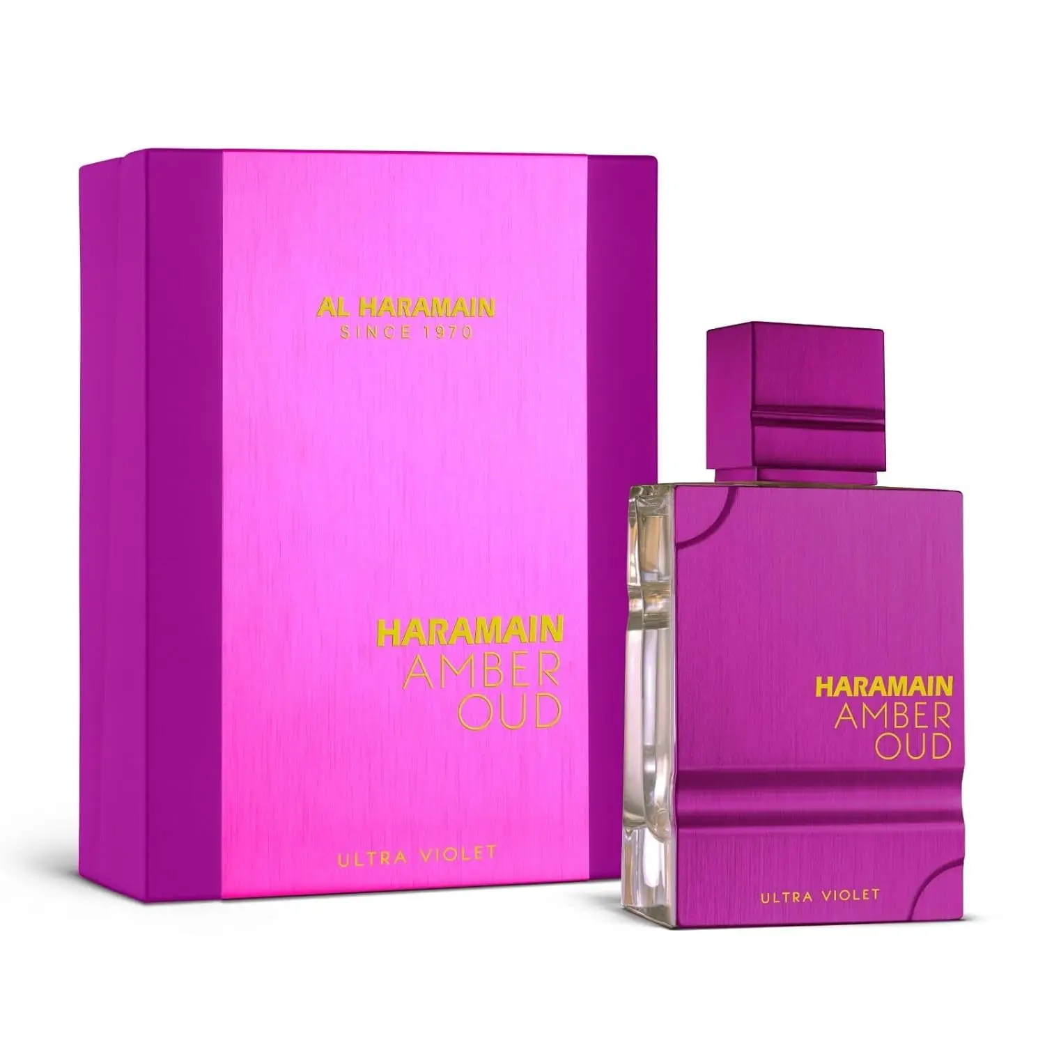 Al Haramain Amber Oud Ultra Violet 2 oz Eau de Parfum bottle on white background
