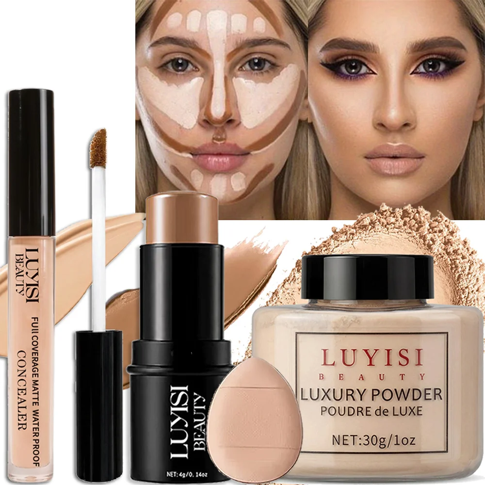 4-piece matte waterproof face makeup set with concealer, powder, contour and puff – view 4