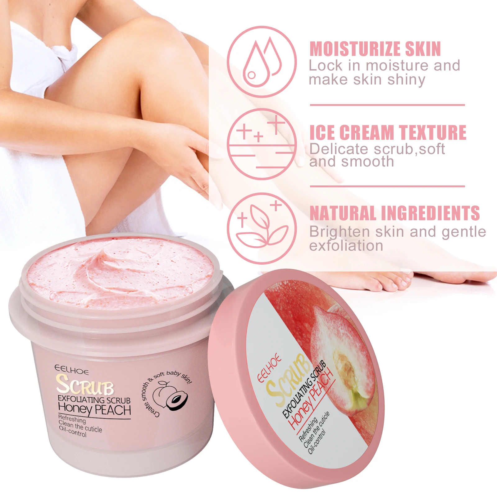 Honey Peach Body Scrub Cream jar on white background — label reading Honey Peach Body Scrub Cream – view 2