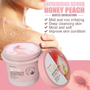Honey Peach Body Scrub Cream jar on white background — label reading Honey Peach Body Scrub Cream