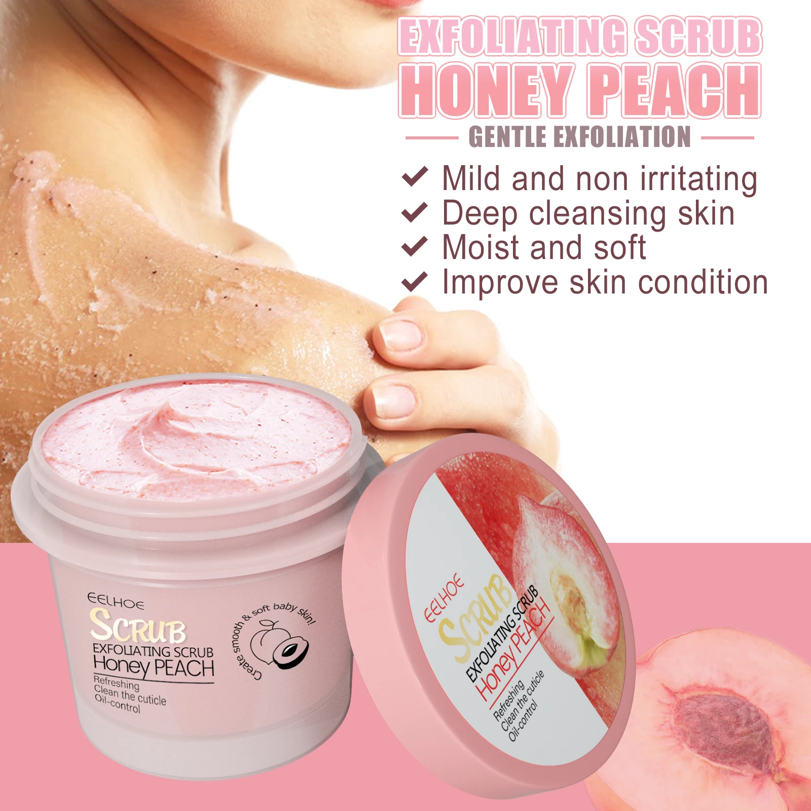 Honey Peach Body Scrub Cream jar on white background — label reading Honey Peach Body Scrub Cream