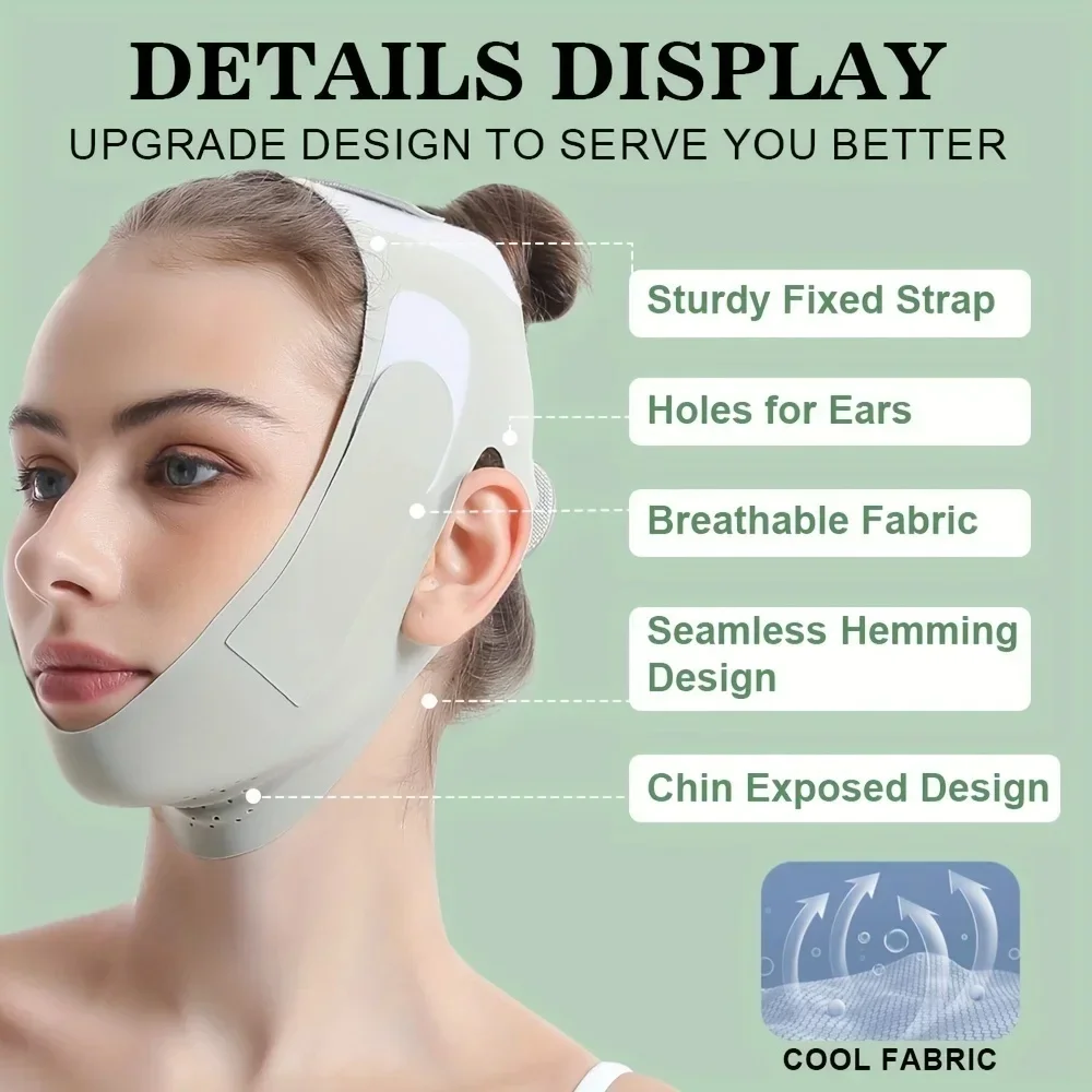 Adjustable V‑shape face slimming band wrapped under the chin and along the jawline; close-up of fastening straps; folded band for storage – view 3
