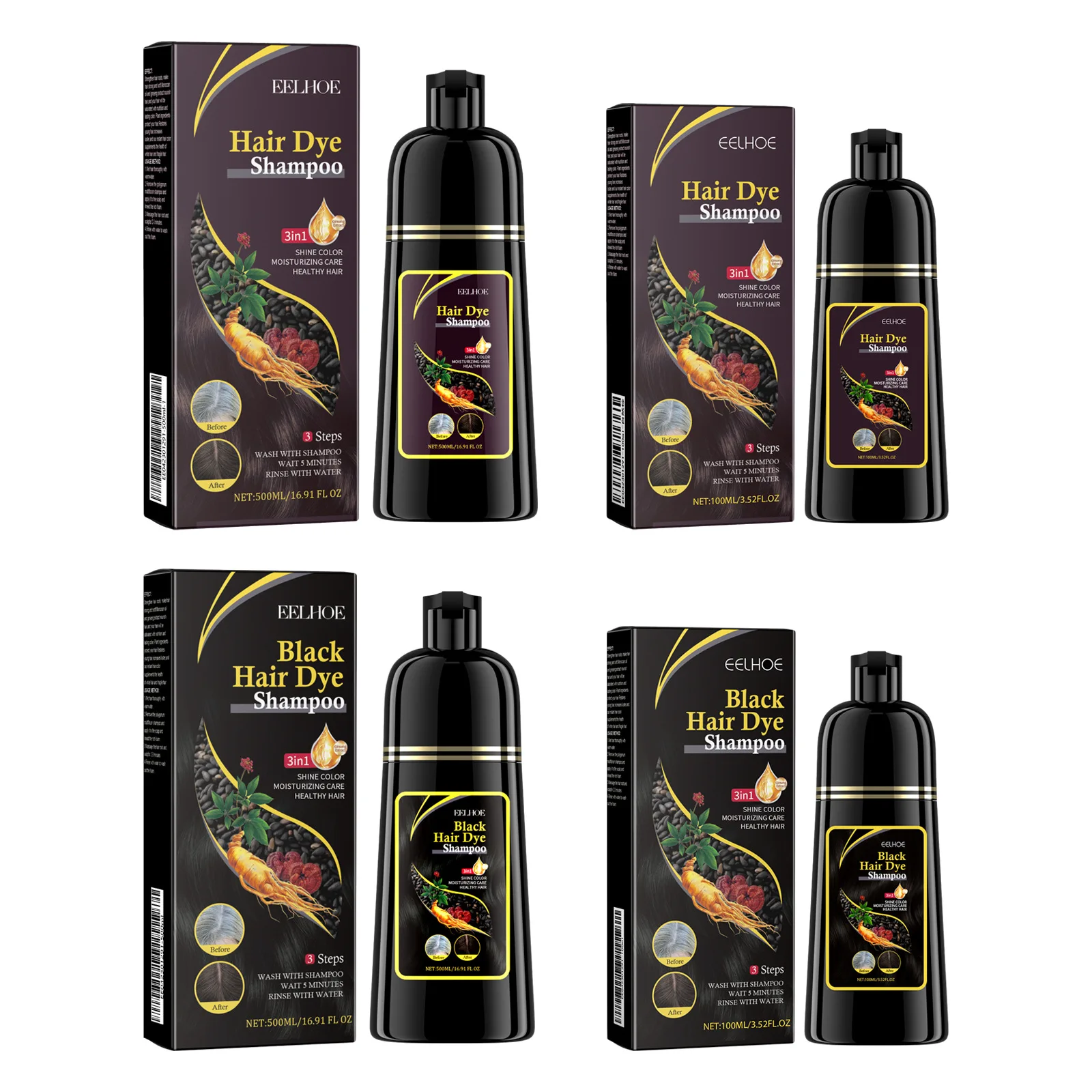 EELHOE 3‑in‑1 Black Hair Dye Shampoo — darkening and nourishing natural herbal formula – view 2