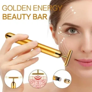 24k gold T‑shaped vibrating facial massager on white background — {view}