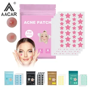 112 colorful star-shaped acne patches laid out on backing — close-up