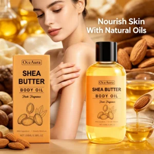 Shea butter body oil 100ml bottle on neutral background