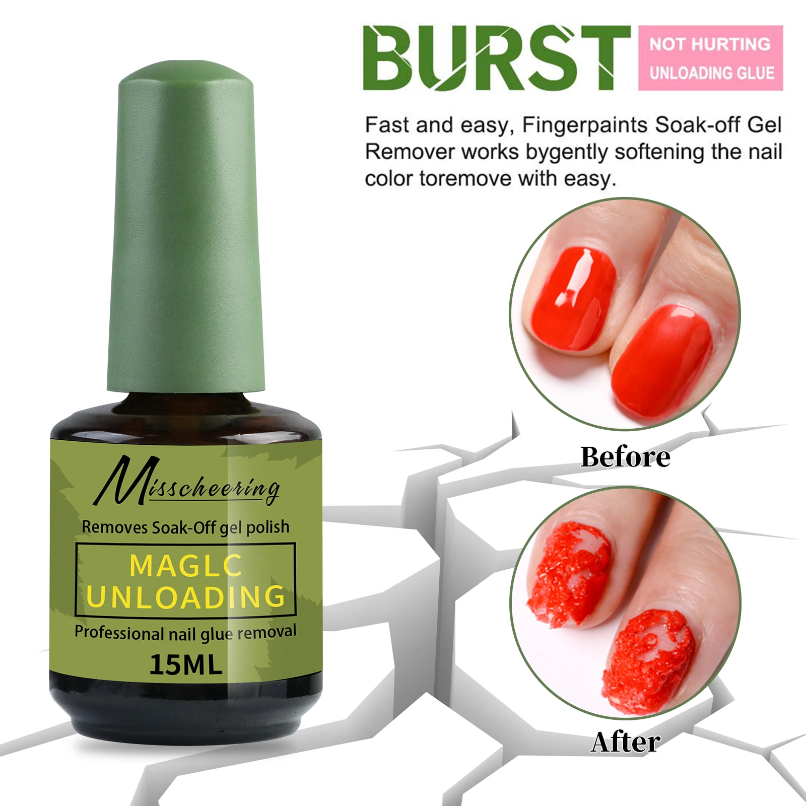 Misscheering 15ml soak-off gel polish remover bottle on white background – view 2