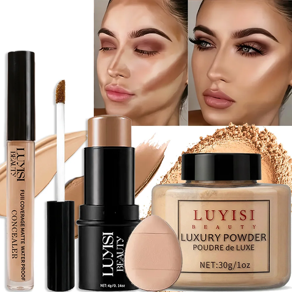 4-piece matte waterproof face makeup set with concealer, powder, contour and puff – view 3